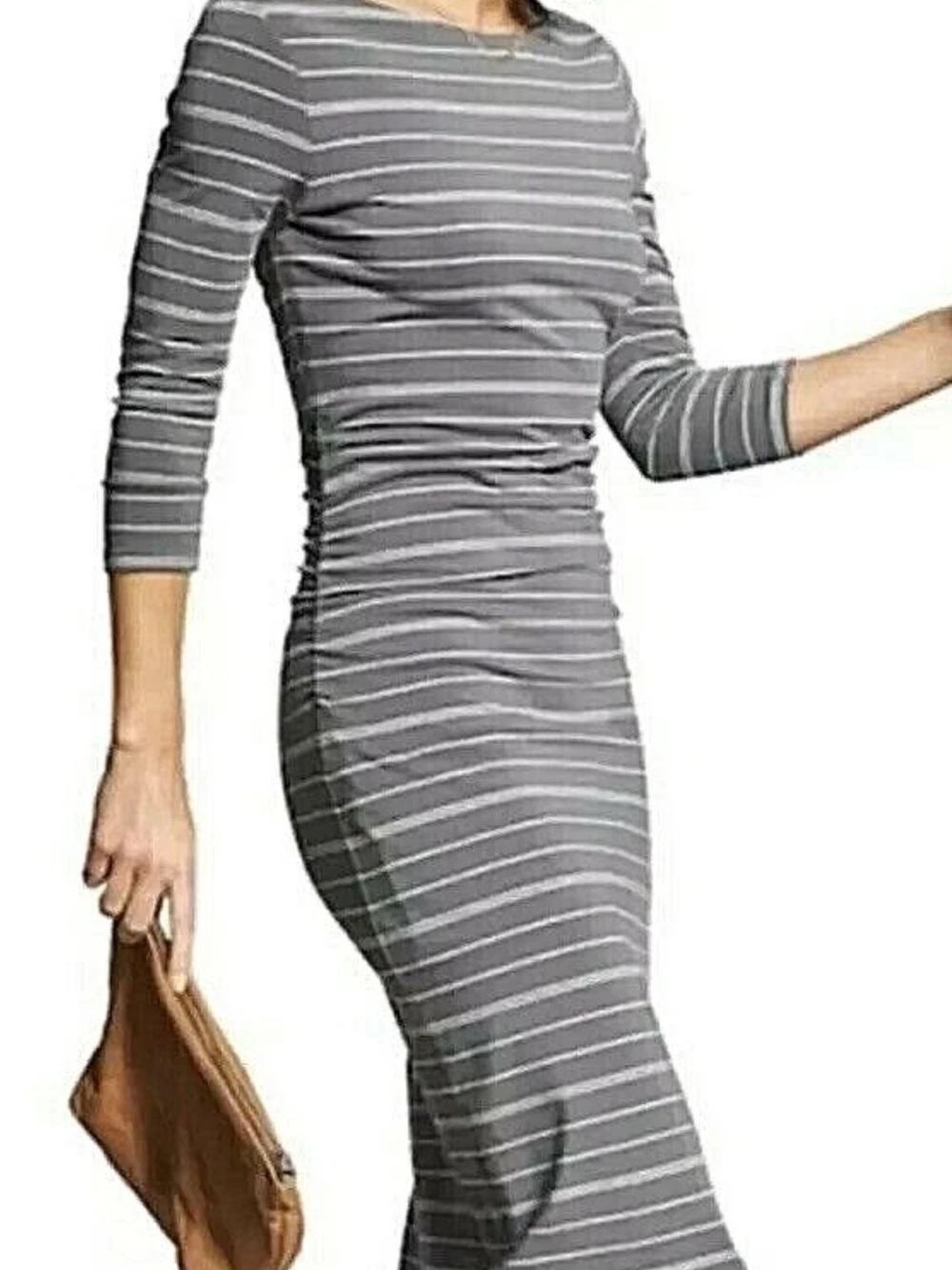 Athleta Comeback Gray Striped Long-Sleeve Midi Dress